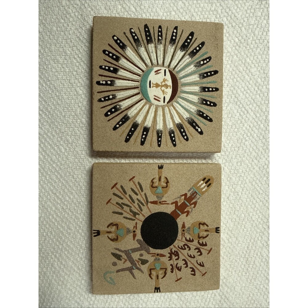 Navajo Pair Of Sand Art Paintings 4”x4” Signed L.Sandman.  Eagles F1